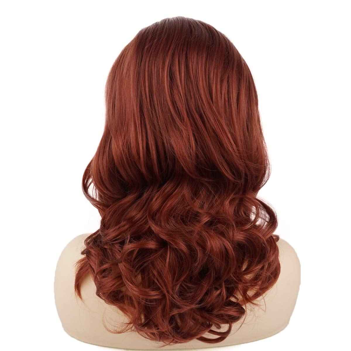 Meiyite Hair Wavy Shoulder Length 16inch Burgundy Red Half Hand Tied Heavy Density Synthetic Lace Front Wigs