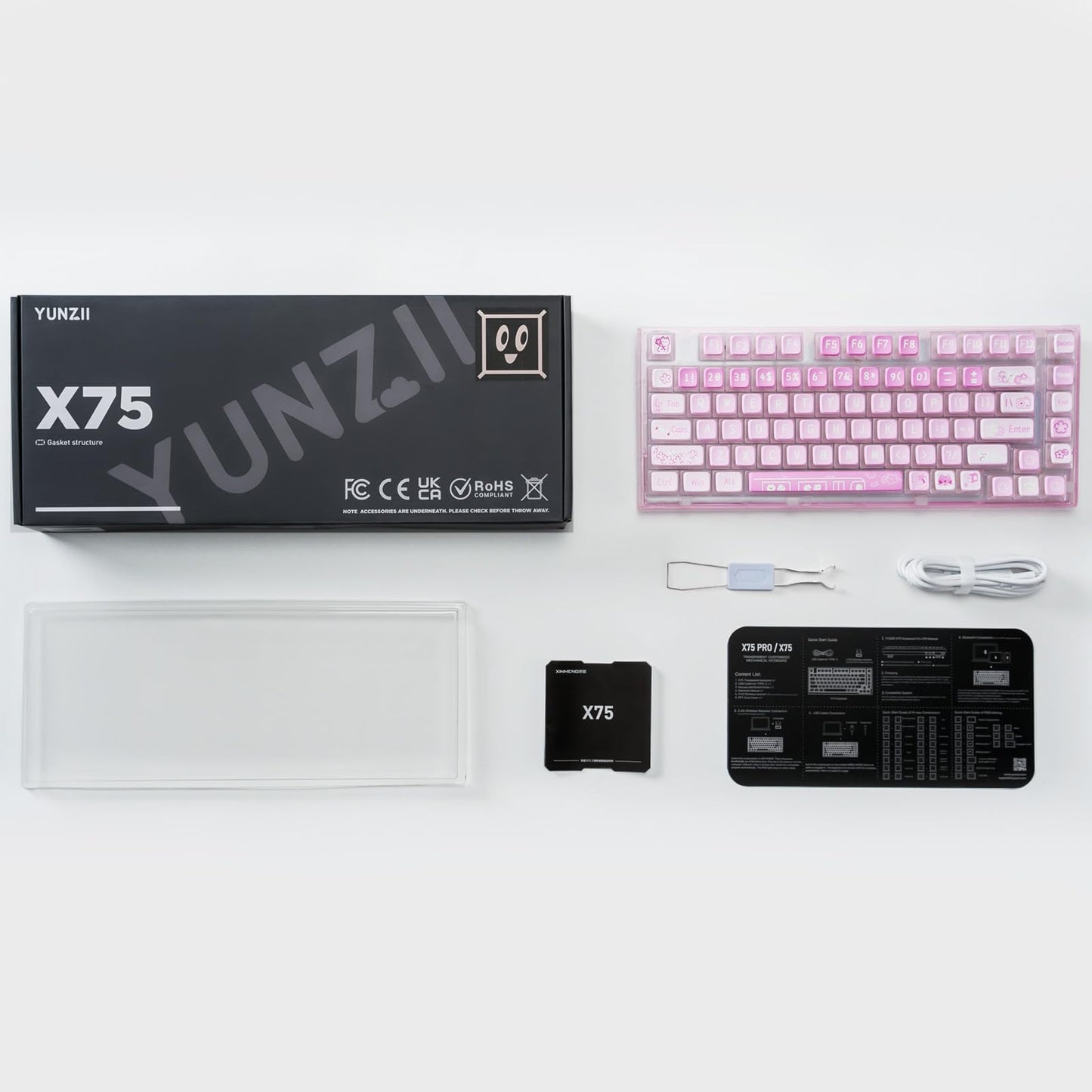 YUNZII X75 PRO 82 Key Wireless Hot Swappable Mechanical Gaming Keyboard with Transparent Keycaps,BT5.0/2.4G/USB-C, Gasket Mount Keyboard,for Windows/Mac (Kailh Jellyfish Switch, Wireless-Pink)