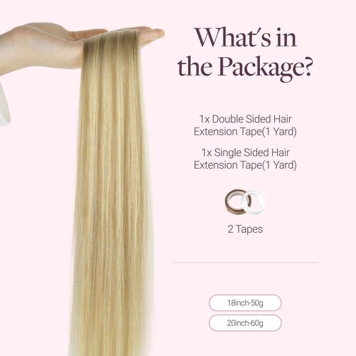 GOO GOO Tape In Weft Hair Extensions Human Hair, Genius PU Long Weft Tape In Hair Extensions Real Human Hair, Silky Easy to Use, P16/22A Light Blonde Highlighted Golden Blonde 18 inch 50g