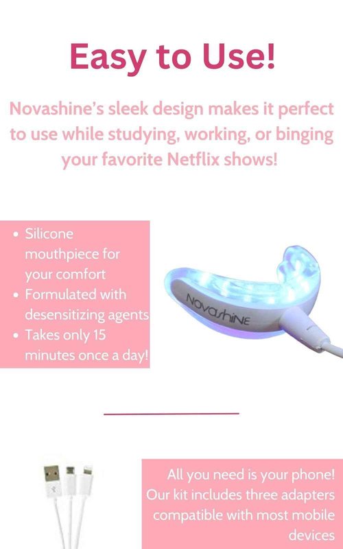Novashine Professional Teeth Whitening Kit: Advanced Blue LED Light, Concentrated Peroxide Gel, Smartphone Adapter, Travel Bag