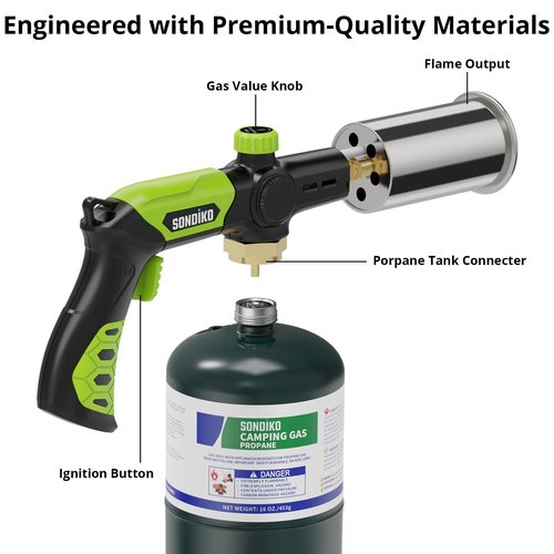 Sondiko Powerful Grill & Cooking Propane Torch L8010, Sous Vide, Campfire Starter, Adjustable Wood Torch Burner for Searing Steak, BBQ, Welding(Green & Black) Propane Tank Not Included