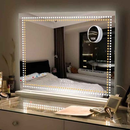 VANITII Vanity Mirror with Lights 32"x23" Lighted Makeup Vanity Mirror with Smart Speaker Dimmable 3 Light Modes 10X Magnification Light Up Mirror Touch Control Tabletop