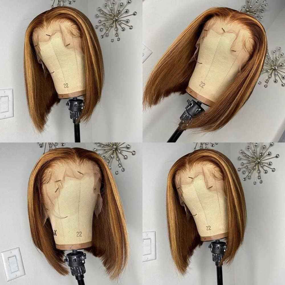 4/27 Highlight Bob Wig Human Hair Straight 13X4 Highlight Bob Lace Front Wigs Human Hair Wear and Go Glueless Wig Pre Plucked 14 Inch Ombre Brown Honey Blonde Hd Lace Frontal Wigs For Black Women