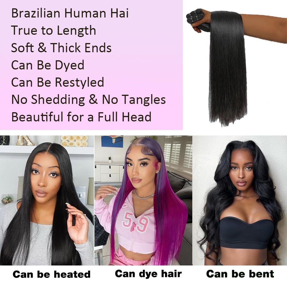 12A Straight Human Hair 22 24 26 Inch Human Hair bundles Unprocessed Brazilian Hair 3 Bundles Raw Human Hair Extensions Quick Weave Natural Color