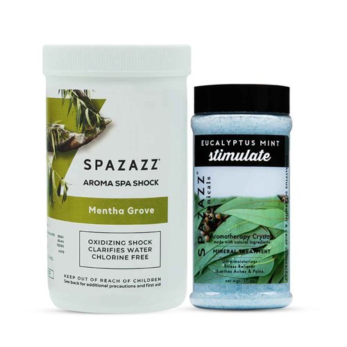 Spazazz Aromatherapy Bath Salt & Scented Spa Shock Set. Non Chlorine Mentha Grove Spa Shock & Eucalyptus Mint Hot Tub Bath Salt Crystals. Oxidizing Water Clarifier, Scum Absorber & Hot Tub Care eBook