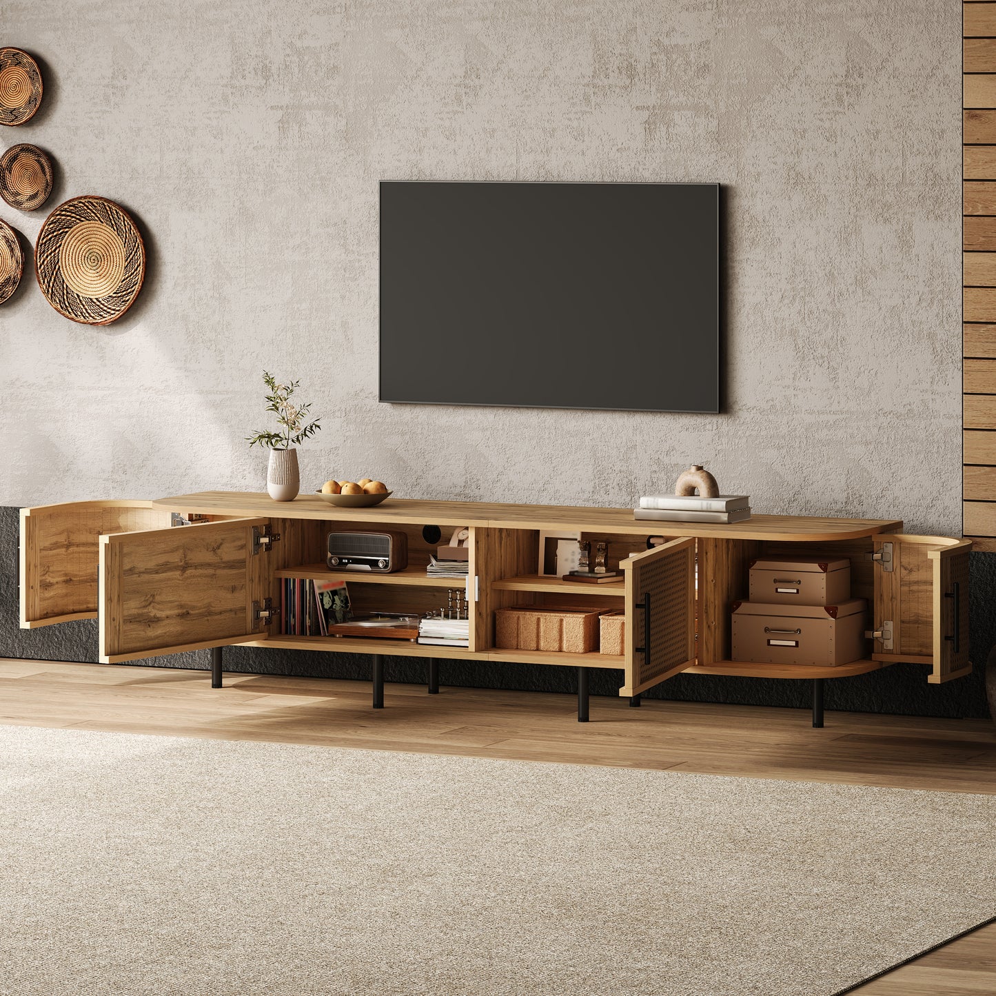 70-Inch Modern TV Stand with Rattan Doors for 80-Inch TVs