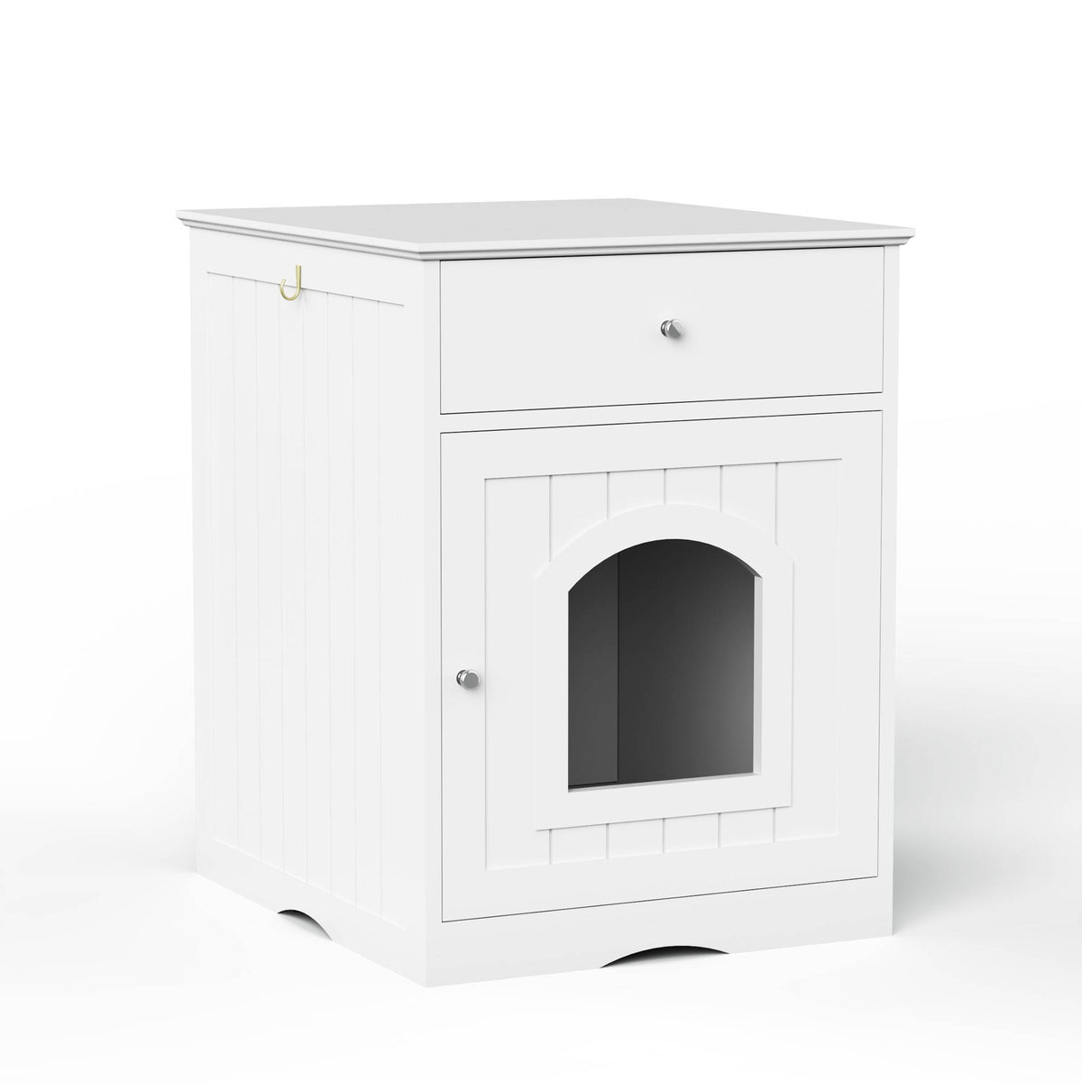 Wooden Cat Litter Box Enclosure with Drawer and Side Table - White Pet House