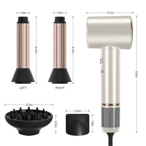 PARWIN PRO BEAUTY Air-Sonic Hair Dryer with Diffuser, HD-LED Display & 110, 000 RPM High Speed Ionic Blow Dryer, 1 1/4 Inch Left & Right Air Auto-Wrap Curlers, Champagne Silver Professional Version