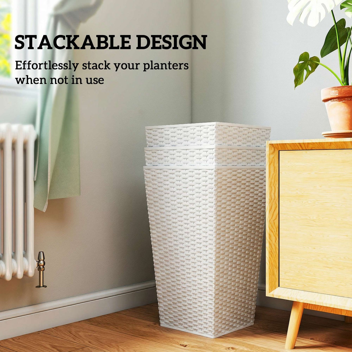 Outdoor Tall Plant Planters Set of 3 White Rattan Style Garden Pots with Drainage Holes