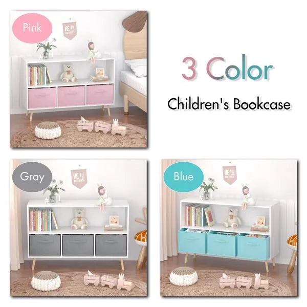 Kids Bookcase with Fabric Drawers - White/Blue Toy Organizer