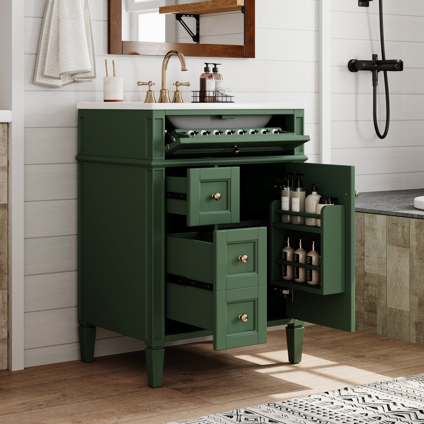 24'' Green Bathroom Vanity with Ceramic Sink & Storage Drawers
