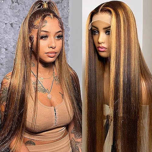 Lemoda Outlet Deals 13x6 Highlight Ombre Lace Front Wig Human Hair 180 Density 20 Inch Straight Transparent Lace Pre Plucked Honey Blonde Human Hair Wigs for Women P4/27 Color