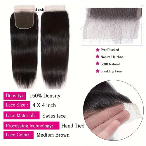 Straight Bundles with Closure Human Hair 14 16 18+12 Inch 100% Brazilian Unprocessed Virgin Body Wave 3 Bundles Human Hair with 4x4 Free Part Lace Closure Natural Black