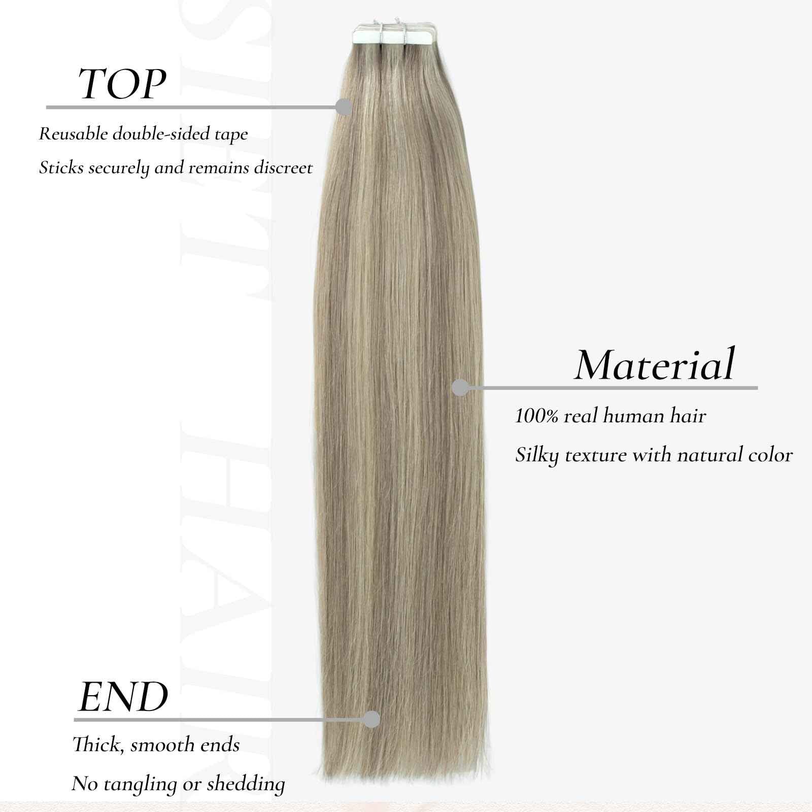 Hyssiet Tape in Hair Extensions Human Hair, 20pcs 50g 14 Inch Ash Blonde Highlighted Bleach Blonde Human Hair Tape in Extensions, Invisible Silky Straight Tape in Hair,Natural Thick Real Human Hair