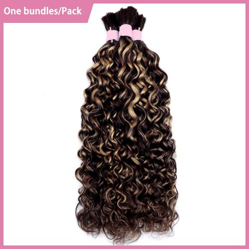 Lucasar Water Bulk Human Hair for Braiding 100g(One Bundle/Pack) Virgin Human Hair Curly Braiding Hair For Bohemian Knotless Boho Braids Highlight No Weft Human Hair Bundles For Braiding(24inch P4/27)