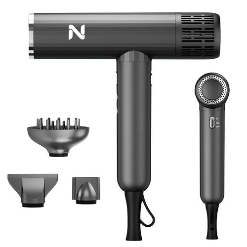 Natrial Ionic Salon Hair Dryer with 3 Attachments, 1600W Professional Blow Dryer with 110000RPM High Speed Brushless Motor for Fast Drying, Lightweight, Low Noise, Locking Function, Dark Gray