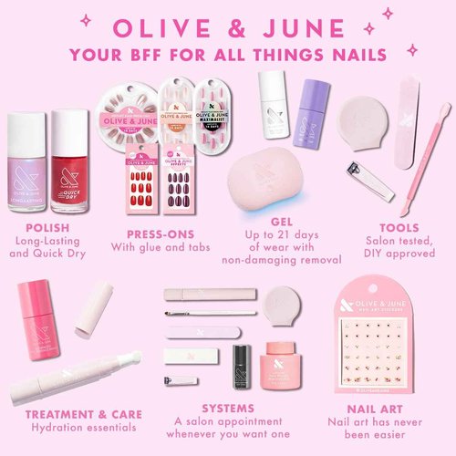 Olive & June Long Lasting Nail Polish Set | Includes 6 Chip-Resistant Shades (Pink Goldfish, HD, Grateful & Kind, CCT, LD, CV) + Top Coat | Vegan, Cruelty-Free | Salon-Quality at Home