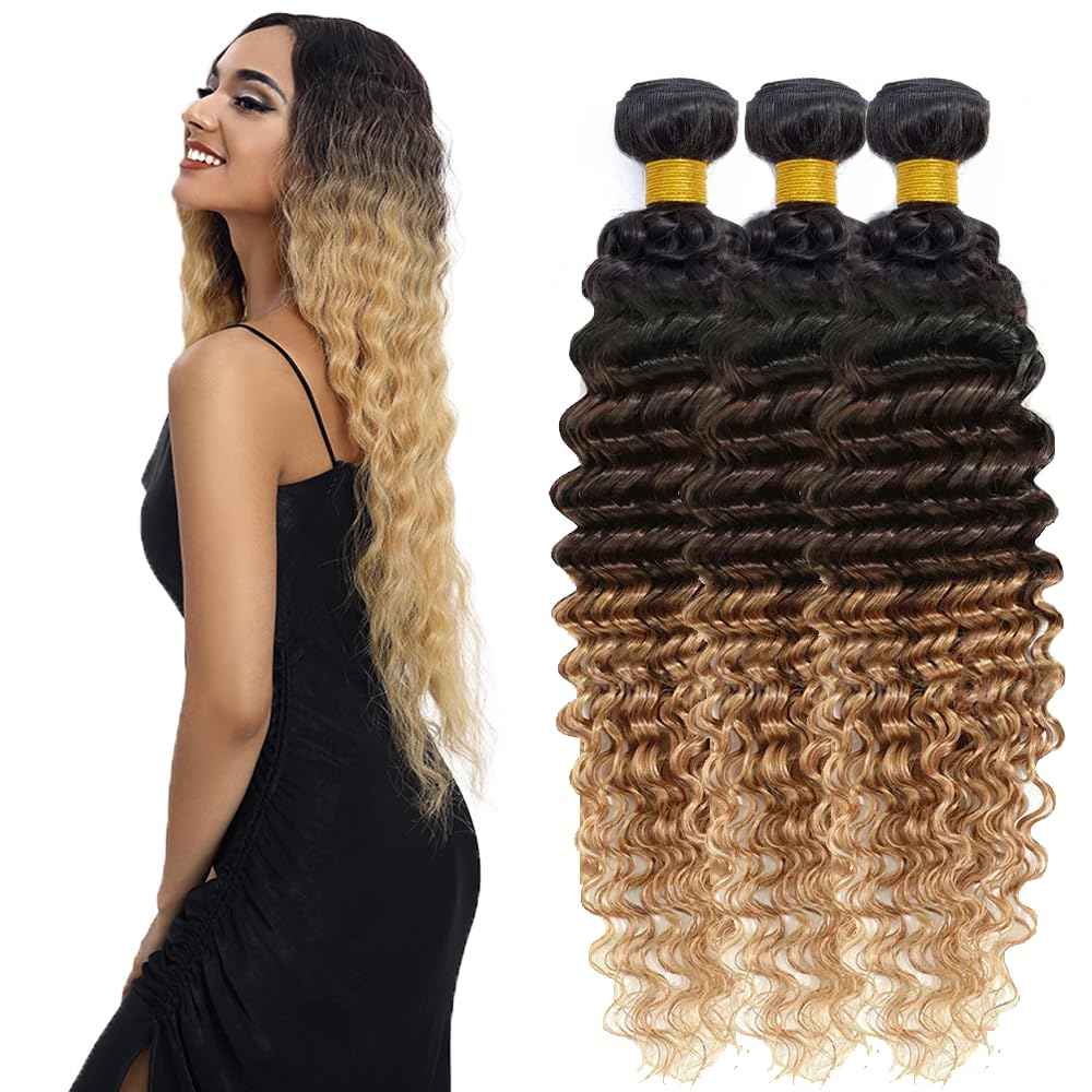 4/27 Human Hair Bundles Black and Blonde Human Hair Extensions 3 Tone Mixed 1B/4/27 Color Brazilian Virgin Hair 3 Bundles 28 30 32 Inch