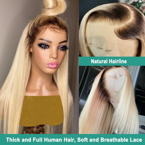Munx Blonde Wear and Go Glueless Wig Human Hair 13x4 HD Lace Front Wigs for Women 180% Density Pre Plucked with Baby Hair Colored Straight Ombre Blonde 1b613 Lace Wigs 16 Inch