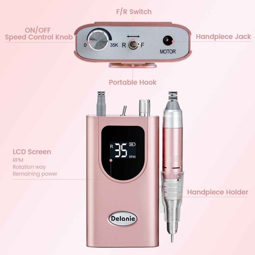 Delanie Electric Nail Drill Professional 35000 RPM Rechargeable Portable E-File for Nail Tech, Rose Gold