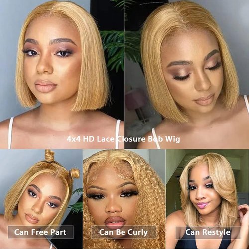 MUPRETTY 18A Raw Hair Blonde Bob Wigs Human Hair 4x4 Lace Closure Wig 27# Honey Blonde Wig Human Hair Keep Silky And Smooth After Multiple Washes(14Inch)