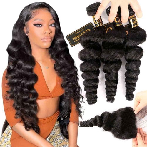 QTHAIR 16A Brazilian Loose Wave Hair Bundles With Closure (14 16 18+12inch) 3 Bundles with 4X4 Lace Closure Free Part Virgin Remy Hair Brazilian Weave Human Hair
