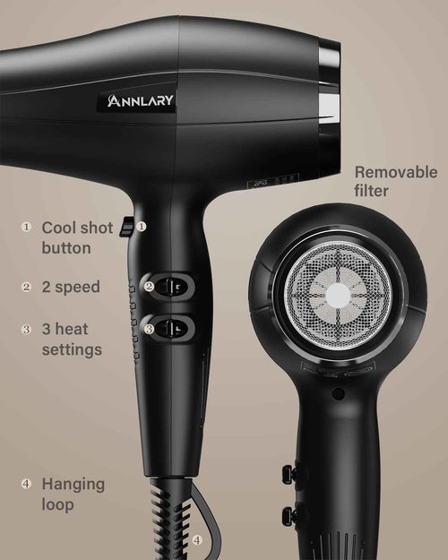 ANNLARY Ionic Hair Dryer with Diffuser, Blow Dryer, Professional 1875W Powerful AC Motor Hairdryer with 8.2Ft Cord for Women & Men, Fast-Drying Blow Dryer with Nozzle for Home, Salon