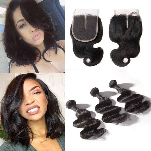 SingleBest Body Wave Bundles With Closure 10A Brazilian Virgin Hair Short Bob Weave With 4x4 Middle Part Half Hand Tied Lace Closure 100% Unprocessed Human Hair Natural Color(8 8 8+8inch)