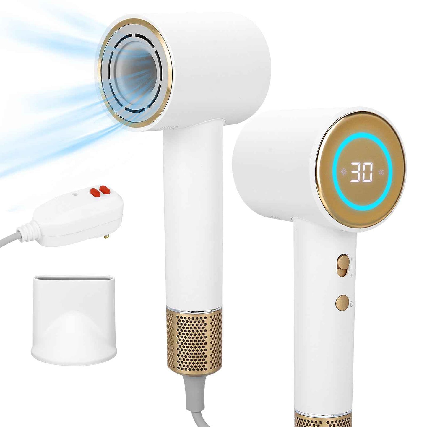 Hair Dryer,110000 RPM High-Speed Brushless Motor,GFCI Safety Plug-for high Humidity,Negative Ionic Fast Drying, Low Noise,Thermo-Control Hair-Dryer-with-LED Display and Nozzle (White)