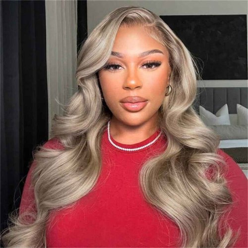 Ash Blonde with Silver Gray Highlight Lace Front Wig Human Hair 180% Density 13x4 Body Wave Mini Knots HD Invisible Lace Wig for Women Glueless Milk Tea Brown Colored with Silver Blonde Wigs 22 Inch