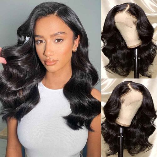 Bob Wig 13x4 Body Wave Lace Front Human Hair Wig 180% Density Natural Black Pre Plucked With Baby Hair for Black Women 16 Inch