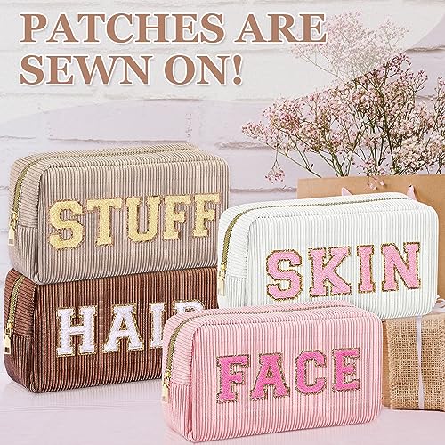 4 Pcs Travel Toiletry Bags for Women Preppy Makeup Bags Organizer Face Skin Hair Stuff Chenille Letter Pouch with Zipper Aesthetic Corduroy Skin care Hair Bag for Women Gifts