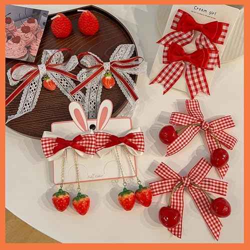 8 Pack Cherry Strawberry Hair Accessories Bow Hair Clips Red Alligator Hair Barrettes Plaid Bow Hairpins for Women Girls Christmas Hair Decoration