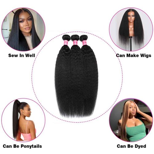 Borchan Kinky Straight Bundles Human Hair 3 Bundles 14 16 18 Inches 100% Unprocessed Brazilian Yaki Straight Hair Bundles Virgin Remy Kinky Curly Bundles for Black Women