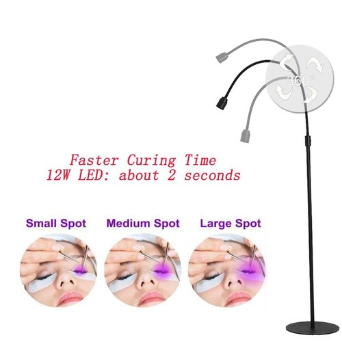 12W UV Lash Light with Foot Pedal, Lash Lamp for Eyelash Extension Grafting Eyebrow Beauty Salon, Lash floor Lamp for Eyelash Tech, Rapid Dry in 2 Seconds, Adjustable Angle and Light Spot Size, Blac
