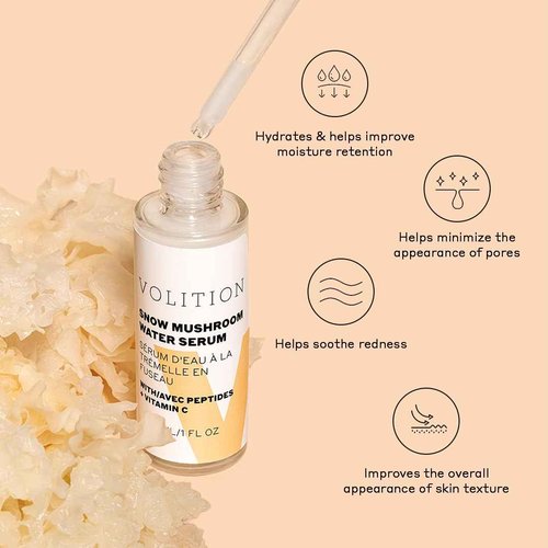 Volition Beauty Snow Mushroom Water Serum with Peptides + Vitamin C | Floods Skin with Moisture & Hydration | Visibly Minimizes Lines, Wrinkles & Pores | Soothes Redness & Improves Skin Texture