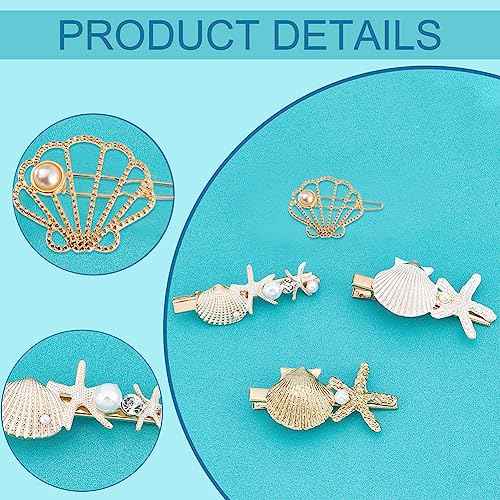 PH PandaHall 4 Styles Starfish Shell Hair Clip Beach Alligator Hair Clips Starfish Barrettes Dainty Sea Theme Clips for Mermaid Decor Beach Travel Wedding Supplies