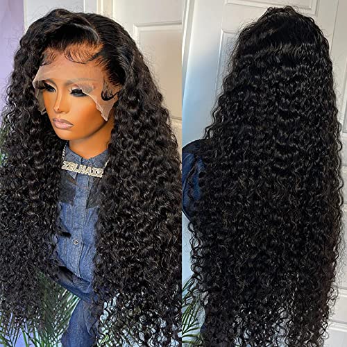 Deep Wave Lace Front Wigs Human Hair Pre Plucked 180 Density 13x4 Curly HD Lace Front Wig Human Hair with Natural Hairline Wet and Wavy Glueless Lace Front Wigs for Women (20 Inch)