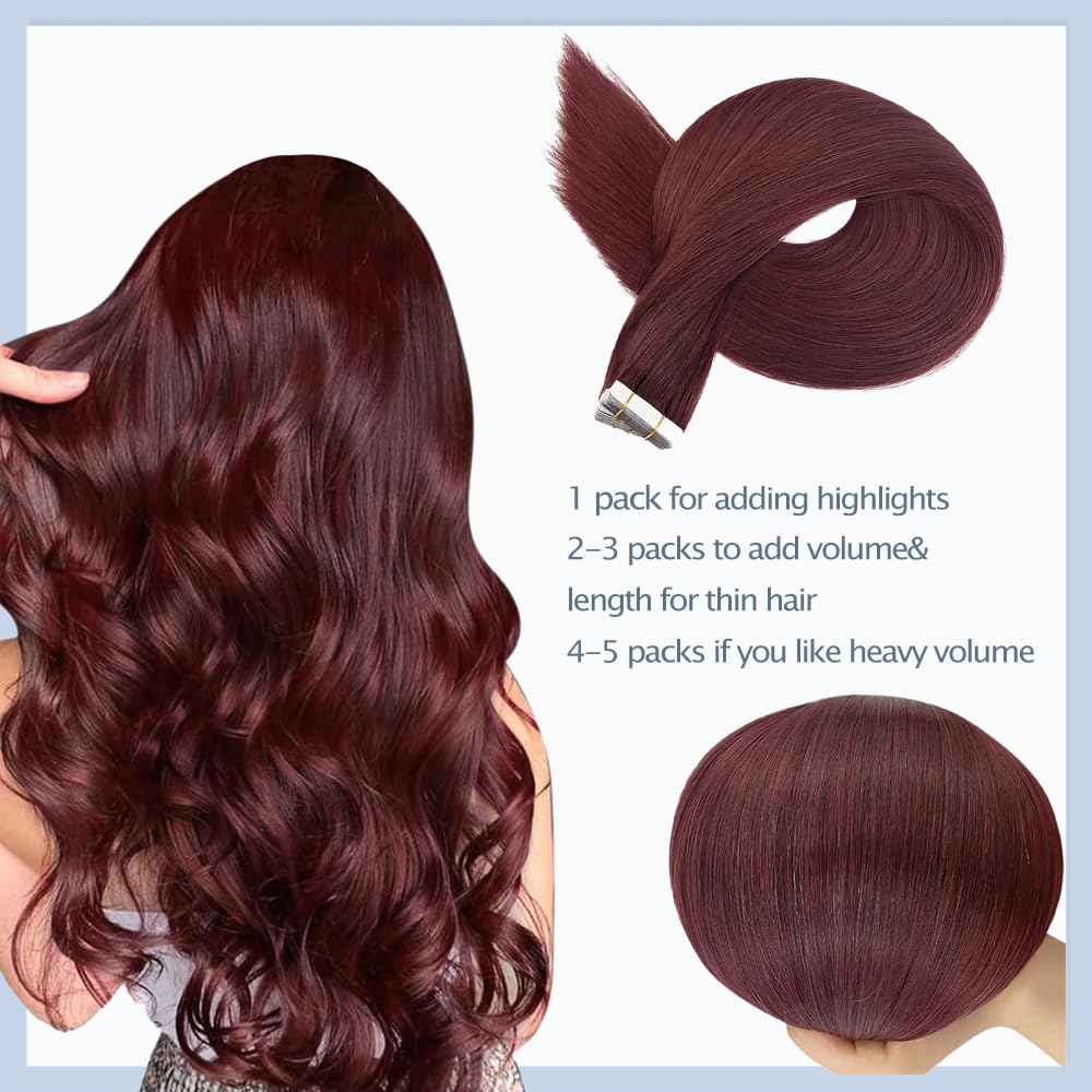 #99J Burgundy Tape in Extensions Human Hair 28 Inch Red Straight Tape in Seamless Extensions Real Human Hair Skin Weft Seamless Invisible Unprocessed Virgin Remy Hair 50g 20 Pcs