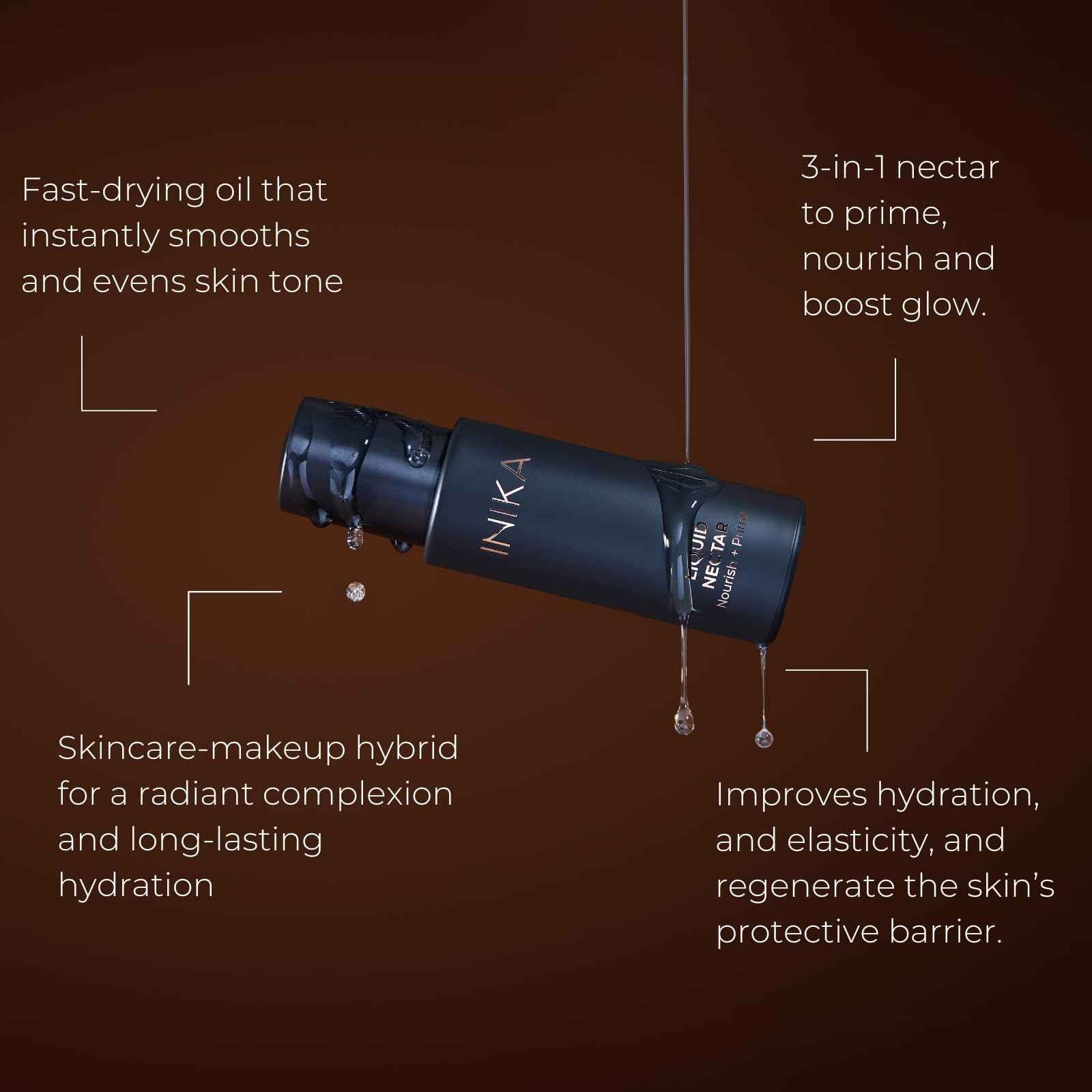 INIKA Organic Liquid Nectar Primer | 3 in 1 Skincare Makeup Hydrid to Prime, Nourish and Boost Glow. Silky Vegan Formula Instantly Smooths & Evens Skin Tone. 30mL