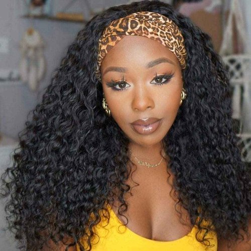 Rebasar Curly Headband Wig 24 Inch Deep Wave Human Hair Wigs for Black Women Glueless No Lace Front Wigs Human Hair Headband Wig Wear and Go Brazilian Virgin Hair Black Curly Wig