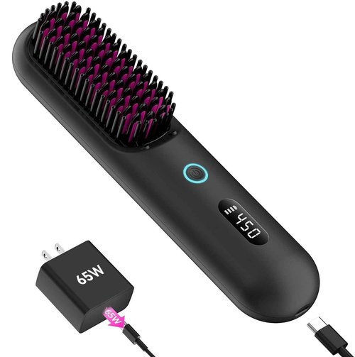 UPoetry Cordless Hair Straightener Brush – Portable Ionic Hot Comb with 65W Fast Charger, Mini Travel Hair Straightening Brush for Women, Lightweight for On-The-Go Styling (Black)