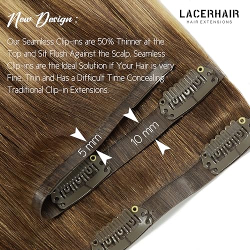 Lacer Hair Natural Balayage Hair Clip in Extensions Invisible PU Skin Weft 20 Inch Ombre Chocolate Brown to Caramel Blonde 7pcs 110g Seamless Silky Straight Hair Extensions Clip in Full Head R#4-4/27