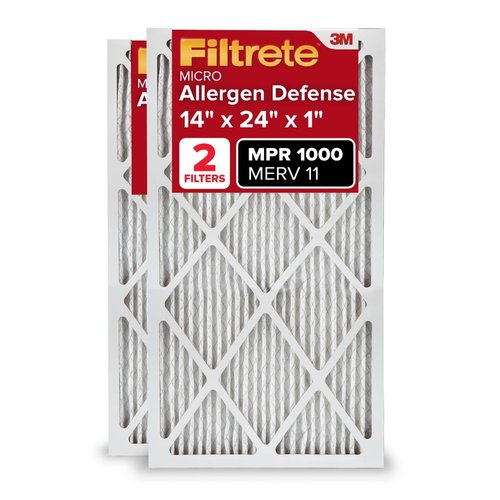 Filtrete 14x24x1 AC Furnace Air Filter, MERV 11, MPR 1000, Micro Allergen Defense, 3-Month Pleated 1-Inch Electrostatic Air Cleaning Filter, 2 Pack (Actual Size 13.81 x 23.81 x 0.81 in)