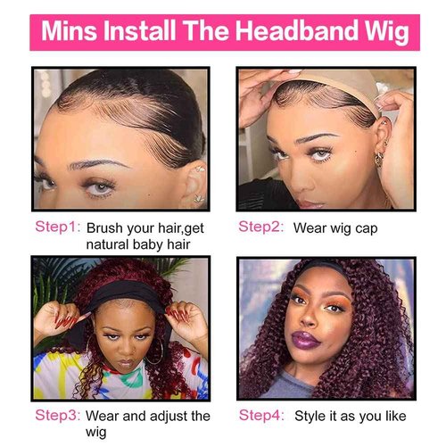 YiweYowe 26 Inch 1B99J Burgundy Headband Wig Human Hair 150% Density Grade 8A Unprocessed Brazilian Virgin Hairs Machine Made Ombre Red Deep Wave Headband Wig Human Hair None Lace Front Wig