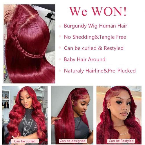 We WON! 22 Inch 13x6 99j Burgundy Lace Front Wigs Human Hair Body Wave 200 Density HD Transparent Frontal Wigs Pre Plucked Glueless Red Wig for Women 100% Unprocessed Brazilian Remy Virgin Hair