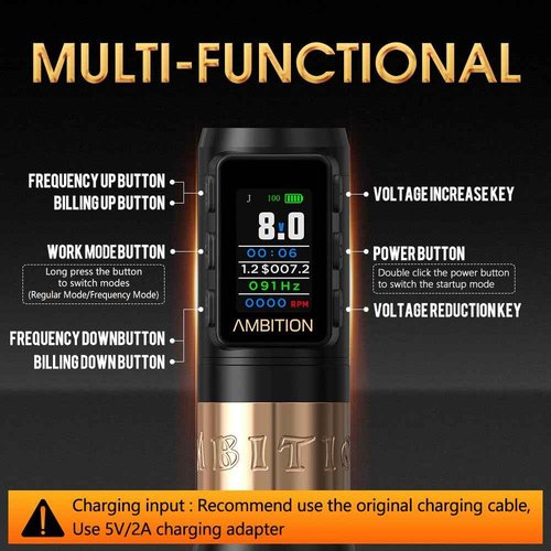 Ambition Vibe Max Wireless Tattoo Machine Dual 1800mAh LED Digital Display Screen - Rotary Tattoo Cartridge Pen with Main Drive Brushless Motor Tattoo Gun for Tattoo Artists