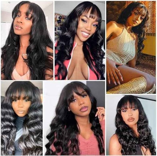 ROSELINE Body Wave Wigs with Bangs Human Hair Wigs for Black Women None Lace Front Wigs 150% Density Brazilian Virgin Hair Glueless Wig Natural Color 26inch