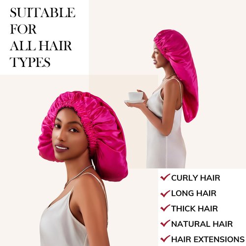 PROMEED 100% Mulberry Silk Bonnet for Long Hair, Hyaluronic Acid Infused Silk Sleep Cap for Long Braids and Locs, Hydrating Hair Care Accessory for Healthy Hair Maintenance (FUCHSIA)