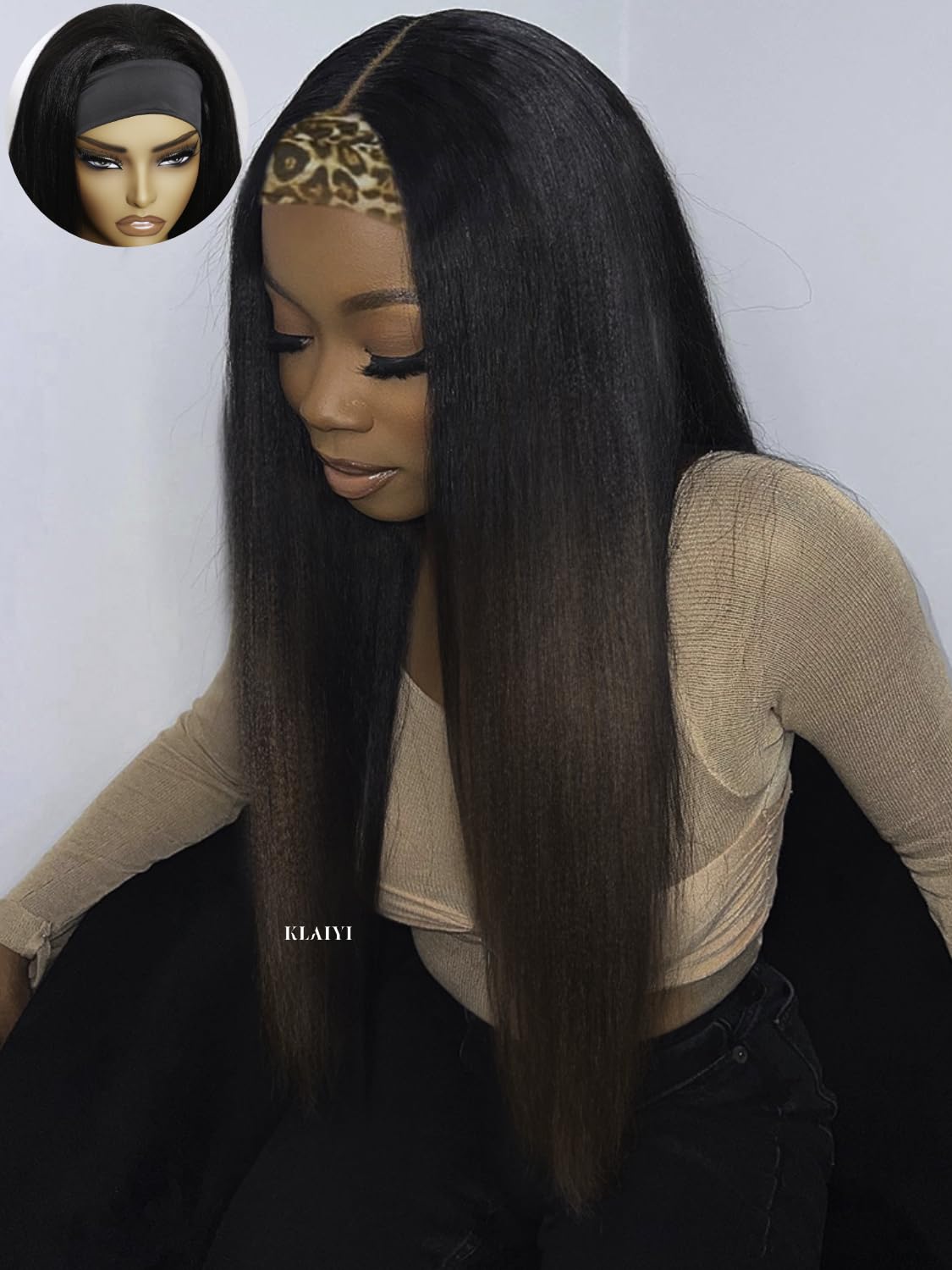 KLAIYI Ombre Brown Yaki Straight Headband Wig Human Hair Glueless Wear and Go Wig with Dark Roots Drawstring Chestnut Kinky Clip In Half Wigs for Black Women No Lace No Glue 30S Ready to Wear 18Inch